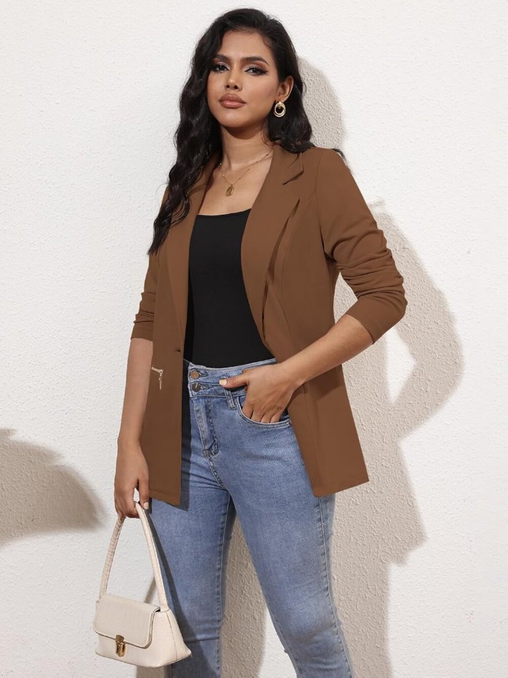 Women's Dark Brown Stretch Long Sleeve Single Button Gold Zipper Pockets Jacket - Picture 3 of 6